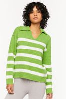 Women's Fuzzy Striped Collared Sweater in Green/Cream Large