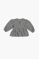 Girls Plaid Puff-Sleeve Peplum Top (Kids) in White/Black, 13/14