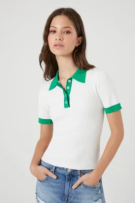 Women's Sweater-Knit Polo Shirt in White/Green Small