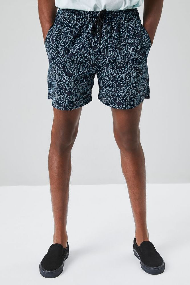 Men Recycled Nylon Never Ending Party Swim Trunks in Teal/Black Large