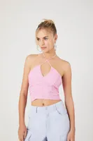 Women's Ruched Halter Crop Top in Dawn Pink Large