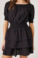 Women's Smocked Puff-Sleeve Mini Dress in Black Small