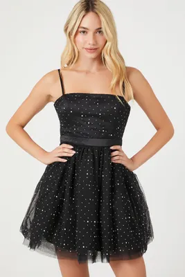Women's Rhinestone Tulle Mesh Mini Dress Black