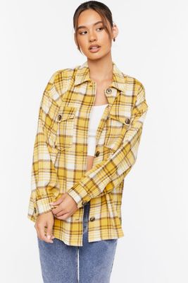 Women's Plaid Button-Up Shacket in Yellow Medium