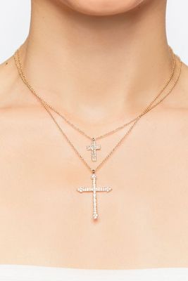 Women's Rhinestone Cross Pendant Necklace Set in Gold