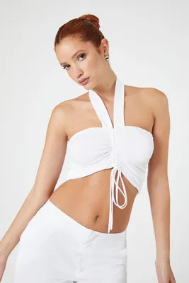Women's Ruched Halter Crop Top in White Large