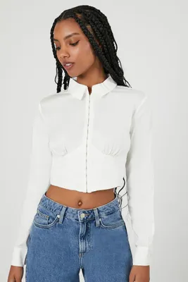 Women's Cropped Hook-and-Eye Poplin Shirt in White Medium
