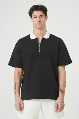 Men Embossed Quarter-Zip EST84 Polo Shirt in Black/Cream, XL