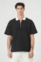 Men Embossed Quarter-Zip EST84 Polo Shirt in Black/Cream, XL