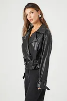 Women's Faux Leather Belted Moto Jacket in Black Small