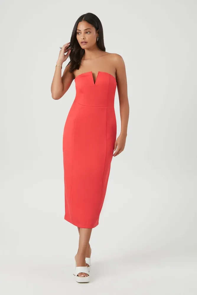 Women's Notched Tube Midi Dress in Red Small