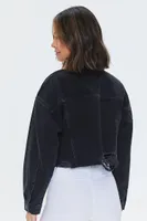 Women's Basic Cropped Frayed Denim Jacket in Black Small