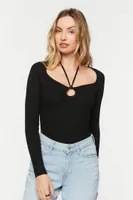 Women's Halter Cutout Long-Sleeve Bodysuit in Black Small