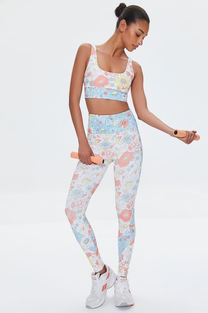 Forever 21 Women's Active Floral Print Leggings in Cream, XS