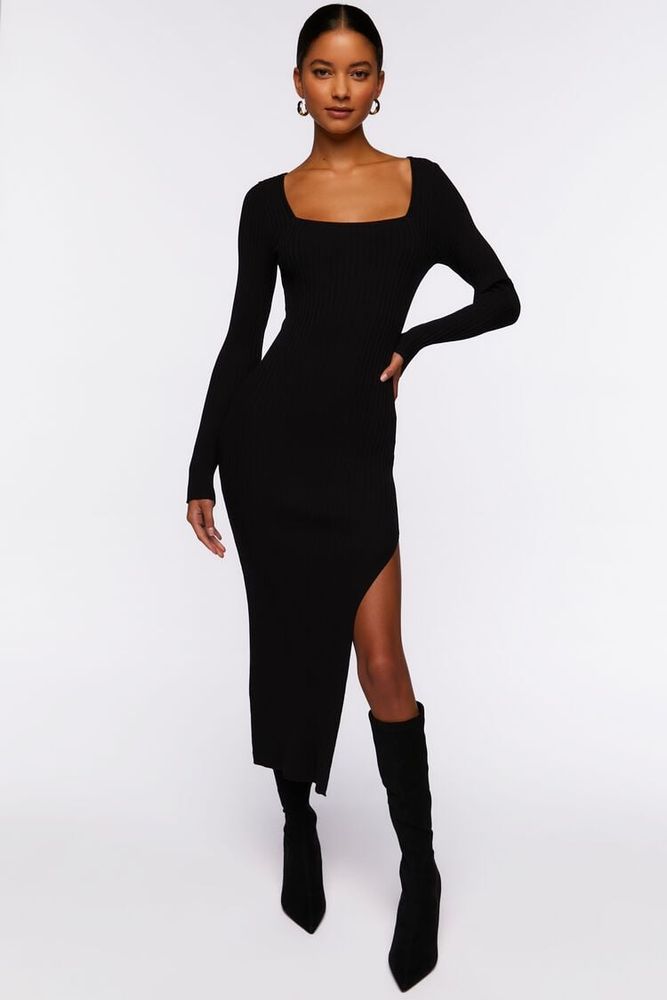 Women's Thigh-Slit Midi Sweater Dress in Black, XL