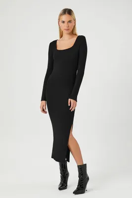 Women's Square-Neck Slit Midi Dress in Black Large
