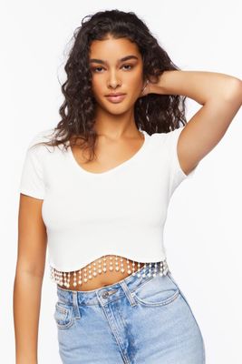 Women's Faux Pearl-Trim Crop Top in White Medium