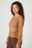 Women's Sheer Crochet Knit Sweater in Tan, XL