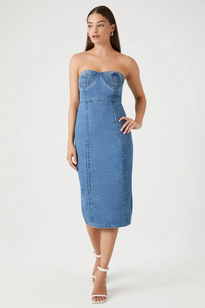 Women's Strapless Denim Midi Dress in Medium Denim, XL