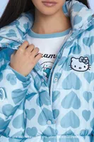 Women's Hello Kitty Heart Print Puffer Jacket in Baby Blue, XS