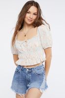 Women's Floral Print Puff-Sleeve Crop Top Mint