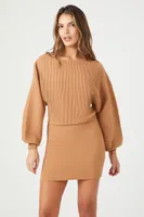 Women's Balloon-Sleeve Mini Sweater Dress in Carob Large