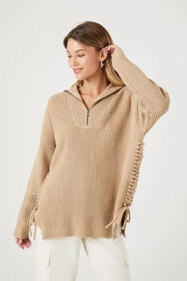 Women's Half-Zip Lace-Up Sweater in Khaki, XS