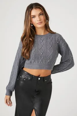 Women's Rhinestone Cropped Sweater in Dark Grey Medium