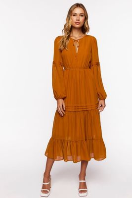 Women's Chiffon Peasant-Sleeve Midi Dress in Ginger, XS