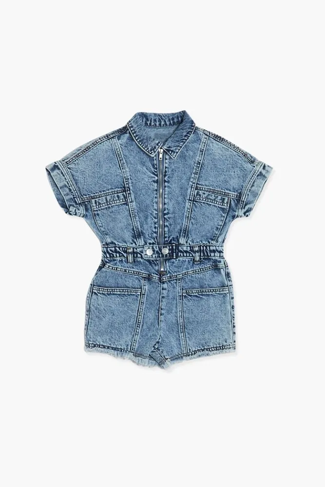 Girls Denim Zip-Up Romper (Kids) in Light Denim, 11/12