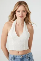 Women's Lace Halter Crop Top in White Medium