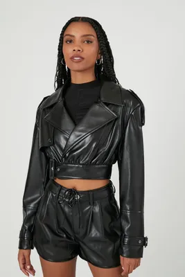 Women's Cropped Faux Leather Jacket in Black Medium