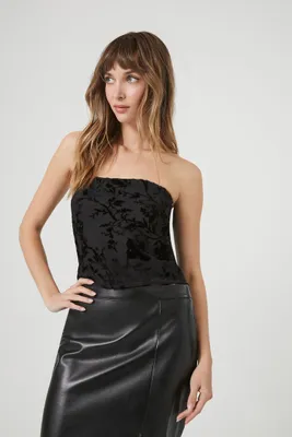 Women's Velvet Floral Tube Top in Black Small