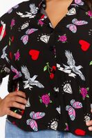 Women's Floral Butterfly Print Shirt in Black, 1X