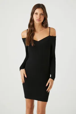 Women's Open-Shoulder Sweater Mini Dress in Black, XS