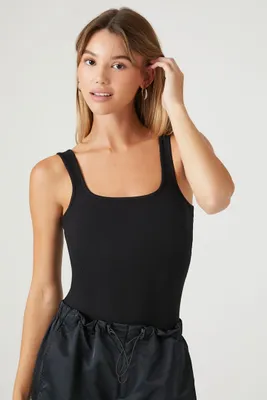 Women's Ribbed Knit Square-Neck Bodysuit in Black, XL