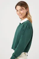 Women's Cropped Long-Sleeve Rugby Shirt in Hunter Green/White, XL