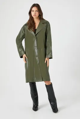 Women's Faux Leather Trench Coat in Olive Medium