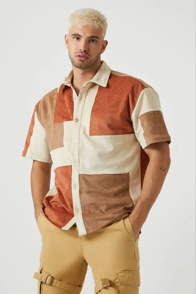 Forever 21 Men Faux Suede Colorblock Shirt in Taupe Small