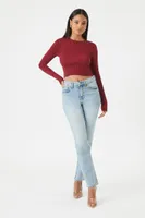 Women's Ribbed Sweater-Knit Crop Top in Wine Large