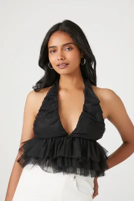 Women's Mesh Ruffle Halter Crop Top in Black Medium