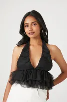 Women's Mesh Ruffle Halter Crop Top Medium