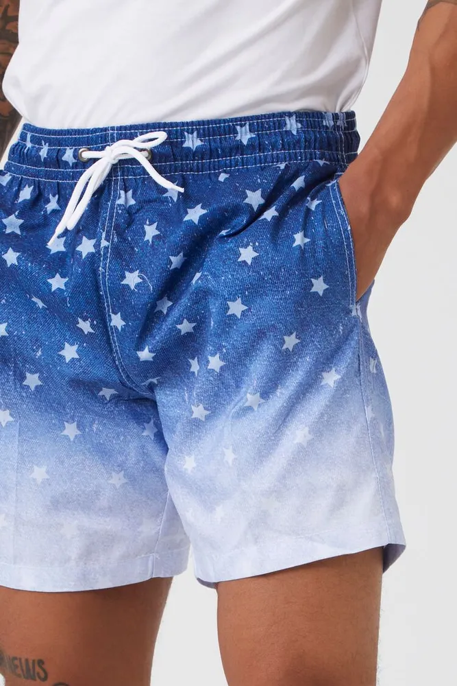 Men Gradient Star Print Swim Trunks in Blue Large