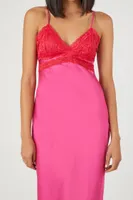 Women's Satin Lace-Trim Midi Dress in Currant/Fuchsia Small