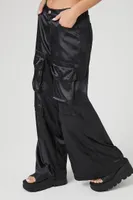 Women's Satin Wide-Leg Cargo Pants Black