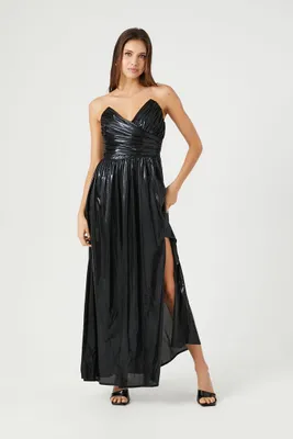 Women's Metallic Ruched Strapless Midi Dress in Black Large