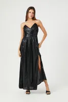 Women's Metallic Ruched Strapless Midi Dress in Black, XS