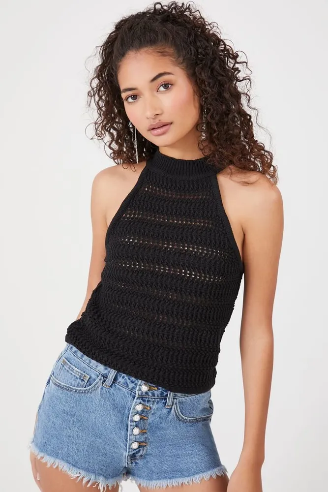 Black Crochet Halter Top, Womens Tops