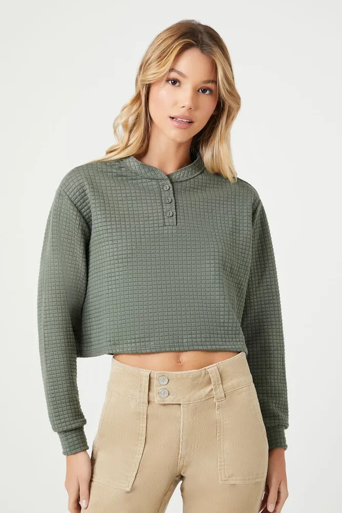 Women's Waffle Knit Crop Top in Olive Large