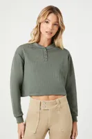 Women's Waffle Knit Crop Top in Olive Large